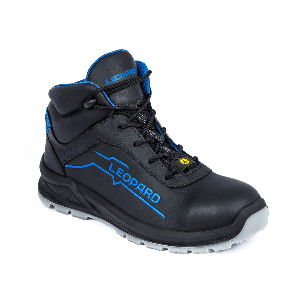 [102-000584-38] LEOPARD E1658 S3 hoge veiligheidsschoen, softleder/textiel, stalen neus, ENIGMA ZERO textiel tussenzool, TPU/PU zool, zwart/blauw, ESD (38)