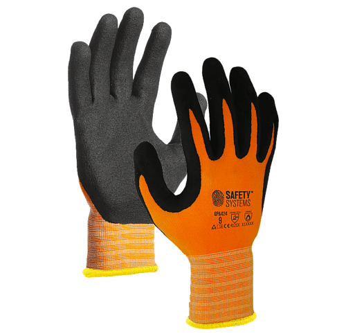 LZ GPA424 Seamless polyamide/spandex GLOVE, orange color liner, black sandy nitrile foam coating on palm MEC. ACCURATE