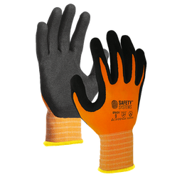 [101-000047] *LZ GPA424 Seamless polyamide/spandex GLOVE, orange color liner, black sandy nitrile foam coating on palm MEC. ACCURATE